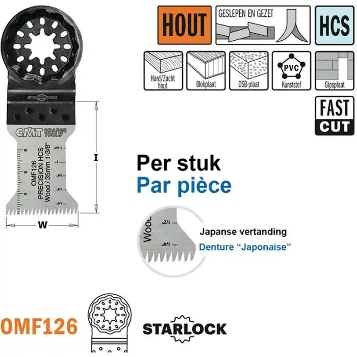 Aanrader | CMT - Multitoolzaagblad (Japanse vertanding) voor hout, 35mm - W=35mm I=50mm - 1 stuk, Starlock - HCS, Japanse vertanding