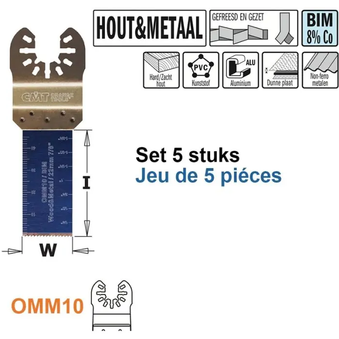 Aanbieding - CMT - Multitoolzaagblad voor hout en metaal, 22mm - W=22mm I=48mm - 5 stuks, Bim 8% Co - CMT universele koppeling