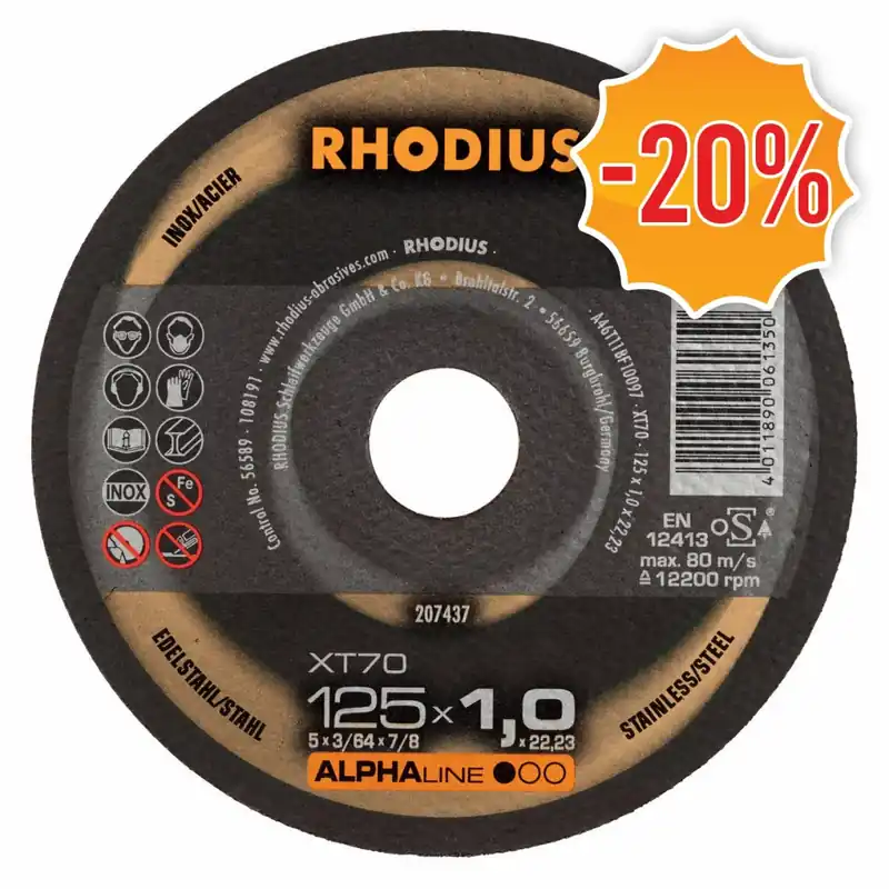 Rhodius ALPHALine I XT70 Doorslijpschijf - Extra dun - 125 x 22,23 x 1mm - RVS/Staal (25st) | Actieprijs