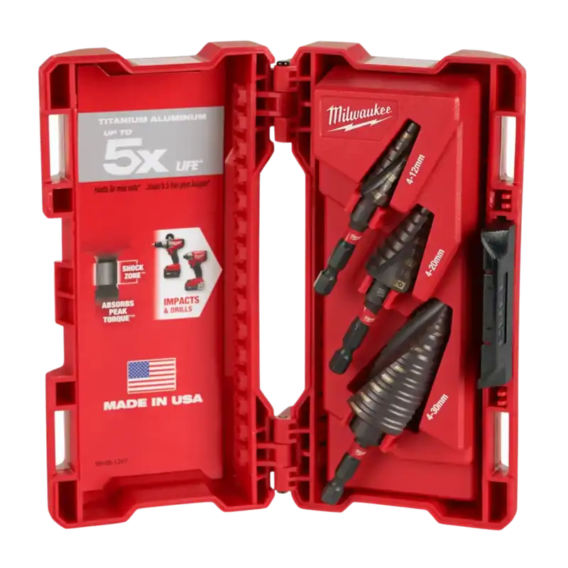 Nu beschikbaar | Milwaukee Shockwave step drill set (3 stuks, max. boordiameter 30 mm, max. plaatdikte 4 mm)